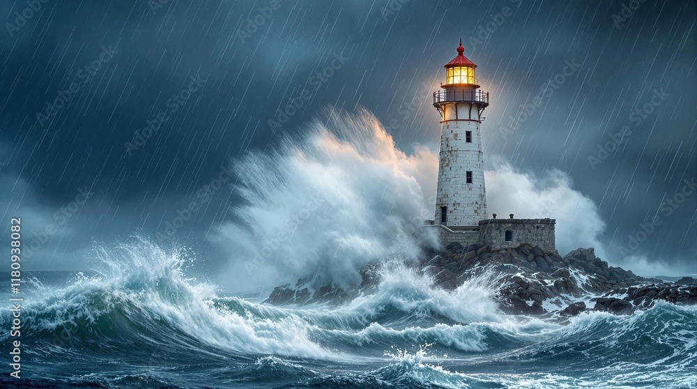 Lighthouse Stands Strong Against Powerful Storm Waves Lighthouse Stands Strong Against Powerful Storm Waves