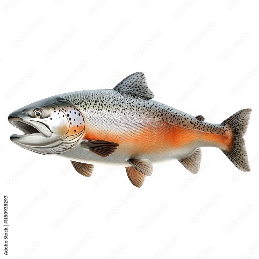 realistic depiction of a rainbow trout. showcasing its distinctive coloration with a silver body. orange stripe. and dark spots the fish is oriented to the side. highlighting its streamlined shape and realistic depiction of a rainbow trout. showcasing its distinctive coloration with a silver body. orange stripe. and dark spots the fish is oriented to the side. highlighting its streamlined shape and
