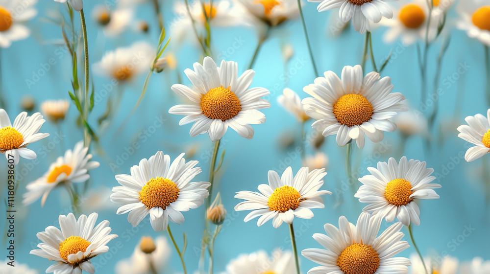 Fototapeta premium Small daisies pastel yellow and white against soft blue background, creating cheerful atmosphere