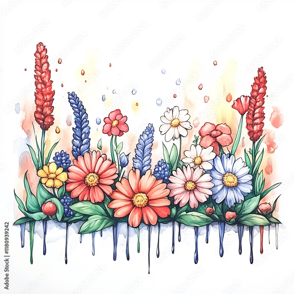Obraz premium Vibrant Floral Illustration: Springtime Blooms Beautifully Rendered in a Whimsical Style. AI Generated