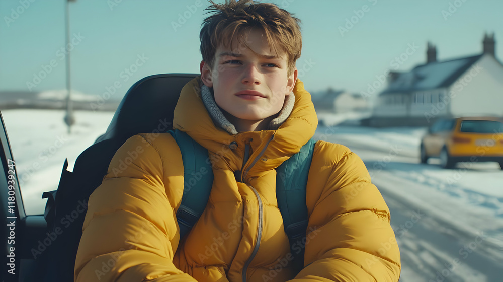 Obraz premium Teenager in Yellow Puffer Jacket Winter Travel Photo
