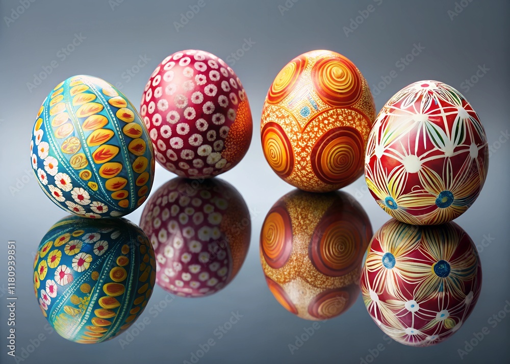 A group of four Easter eggs, each with unique colors and patterns, are arranged in an incomplete circle on a reflective surface Some appear to be floating due to angle and positio - Generative AI A group of four Easter eggs, each with unique colors and patterns, are arranged in an incomplete circle on a reflective surface Some appear to be floating due to angle and positio - Generative AI