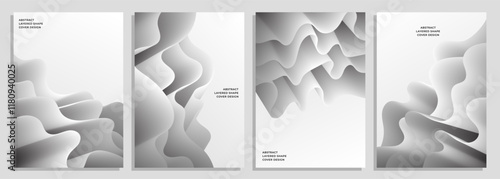 Abstract silver white 3d layered wave shape cover poster background design set.