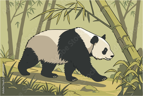 Giant panda, realistic, detailed fur, black and white coloration, side view, standing pose, wildlife photography, nature, Chinese fauna, endangered species, bamboo forest background, high resolution, 