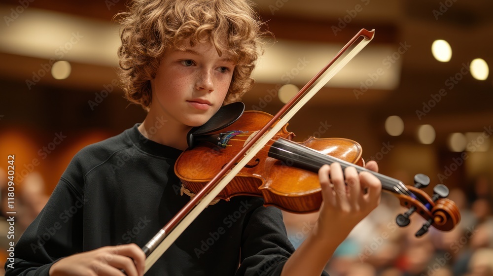 Fototapeta premium Boy plays violin concert hall audience
