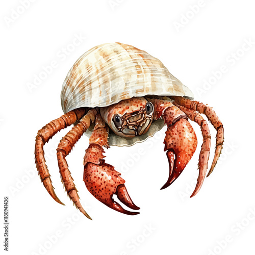 A watercolor drawing of a hermit crab carrying a shell, isolated on a white background. Hermit crab carrying shell vector.
