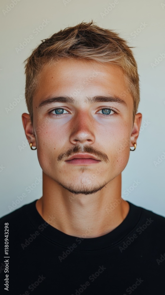 Photograph of a young man with short blonde hair and a mustache, wearing gold earrings, looking directly at the camera against a white background Photograph of a young man with short blonde hair and a mustache, wearing gold earrings, looking directly at the camera against a white background