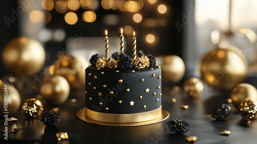 Black gold cake candleslit festive bokeh decor photo