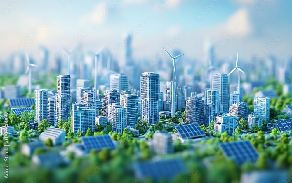 Obraz premium Ecofriendly future cityscape with clean energy, solar panels, wind turbines, electric vehicles, sustainable urban infrastructure