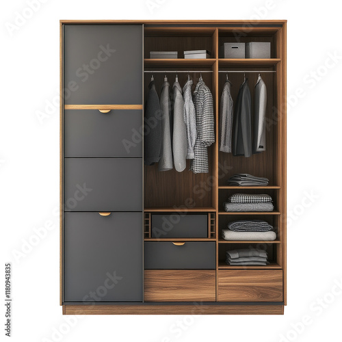 a modern wardrobe featuring a combination of drawers and hanging space. designed for organizing clothing and accessories efficiently its sleek design and neutral colors make it suitable for contempora photo