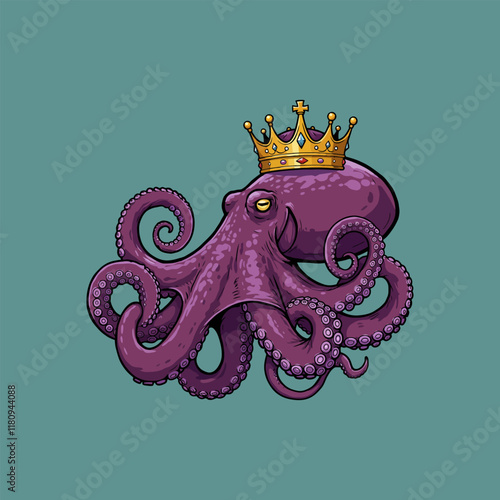 Fototapeta A stylized cartoon illustration depicts a purple octopus wearing a golden crown symbolizing royalty and power in the ocean