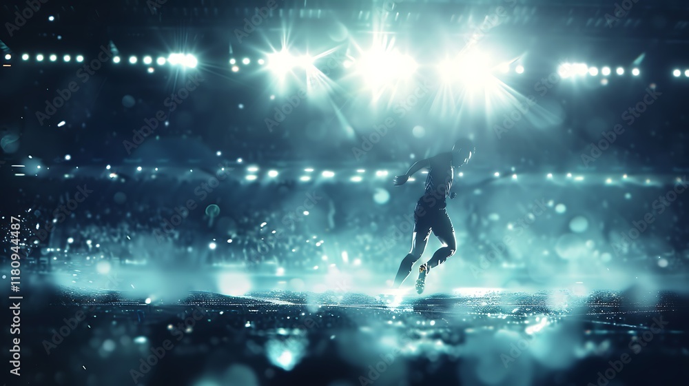 Naklejka premium Soccer Player Runs Towards Bright Stadium Lights