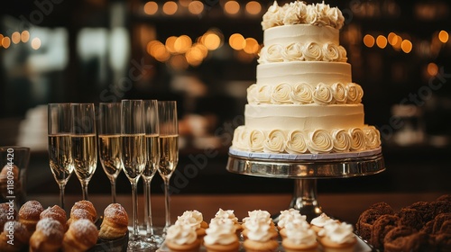 Elegant wedding cake, champagne, pastries, reception photo