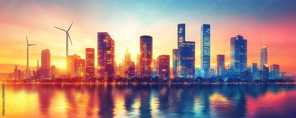 Obraz premium Future cityscape with clean energy, sustainable urban living, wind turbines, solar panels, and electric vehicles, ecofriendly design