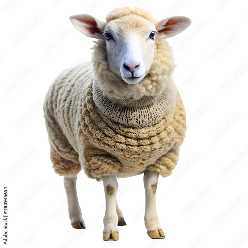 Fototapeta premium sheep in a cozy knitted wool sweater on transparent background