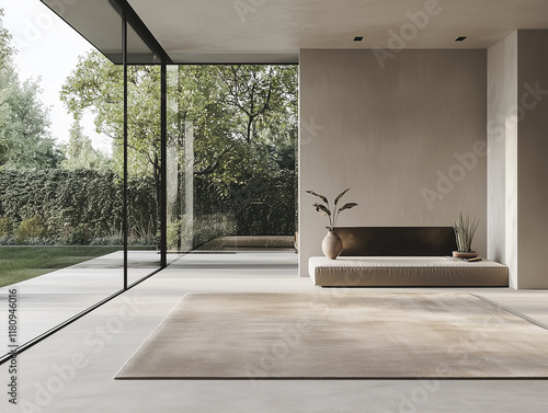 Minimalist living room with large glass windows, neutral rug, and indoor plants in natural light.