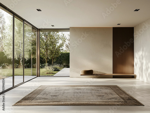 Minimalist living room with floor-to-ceiling glass windows, neutral rug, and built-in wooden bench.