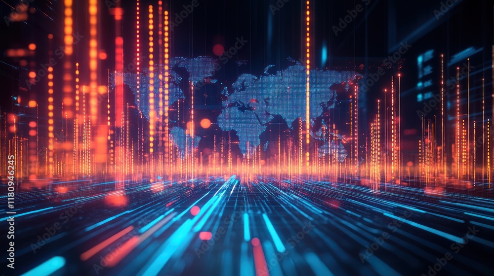 Global network data flow, digital world map background, futuristic technology Global network data flow, digital world map background, futuristic technology