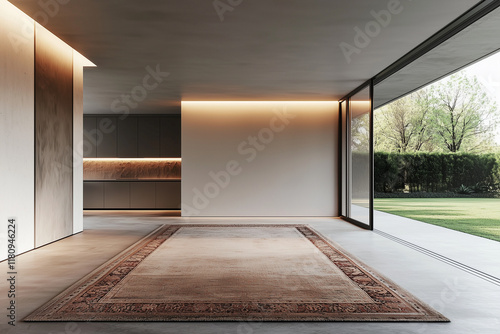 Modern minimalist living room with large glass windows, ambient lighting, and an elegant rug.