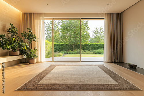 Bright living room with large glass doors, elegant rug, and potted plants in natural light.