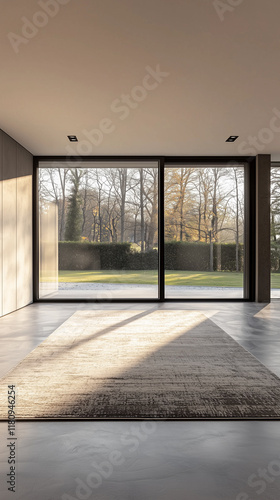 Modern living room with floor-to-ceiling glass windows, neutral rug, and natural light.