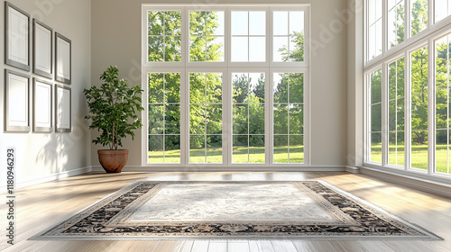 Spacious living room with large windows, decorative rug, and potted plant in natural sunlight.