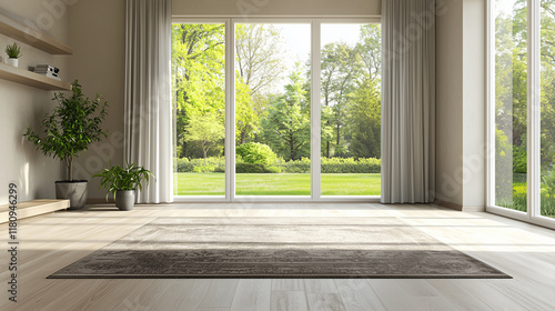 Modern living room with large windows, gray rug, and potted plants in natural light.