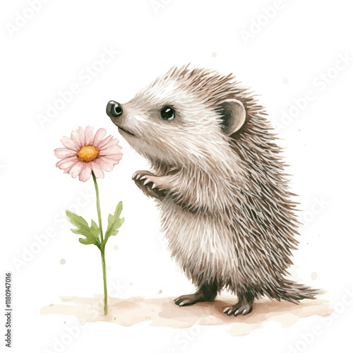 A watercolor clipart of a hedgehog sniffing a flower, isolated on a white background. Hedgehog sniffing flower vector.
