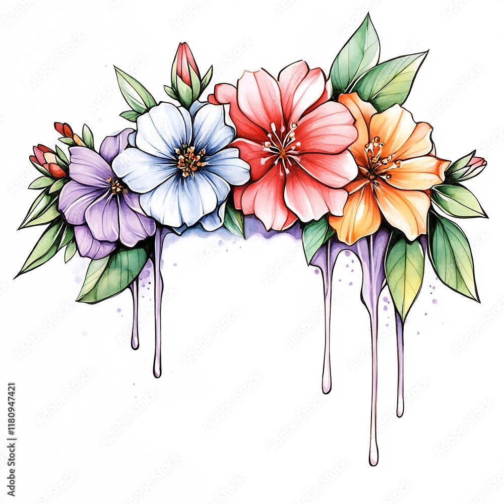 Obraz premium Vibrant Flower Illustration: Delicately Detailed, Melting Paint Effect. AI Generated