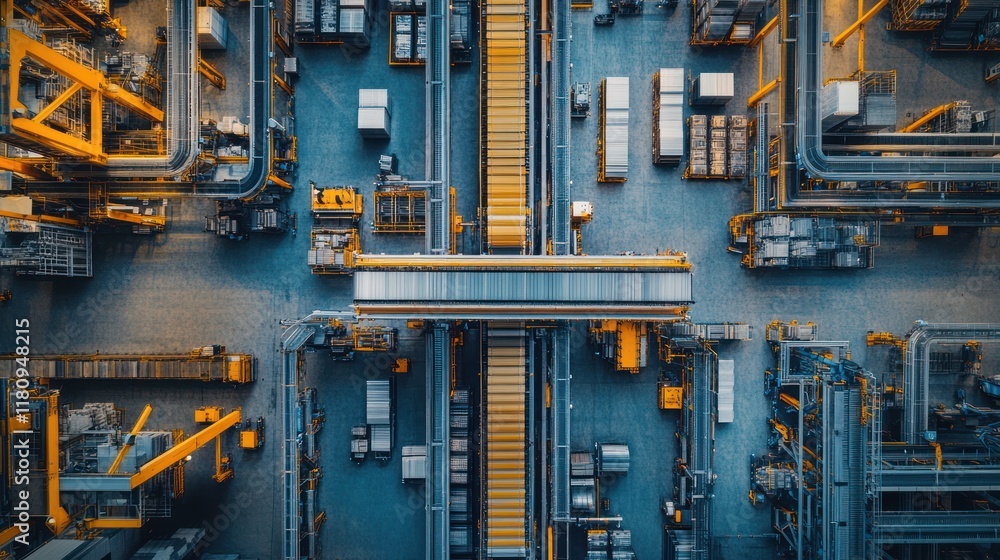Aerial view factory, automated system, industrial, logistics, production, materials, transport, overhead crane, warehouse, manufacturing Aerial view factory, automated system, industrial, logistics, production, materials, transport, overhead crane, warehouse, manufacturing