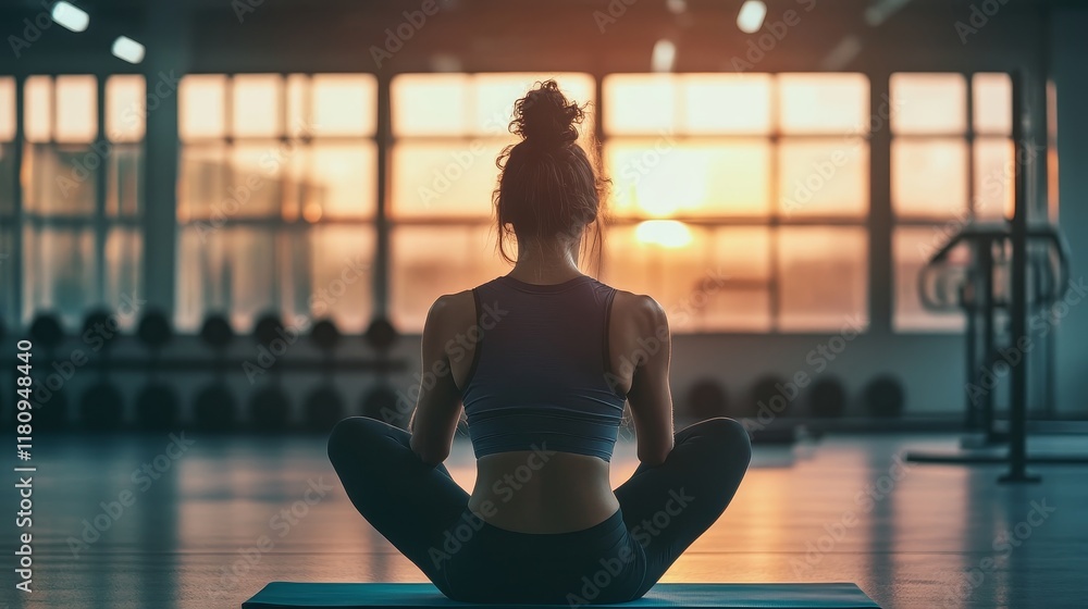 Fototapeta premium Determined Fitness Enthusiast Setting and Reviewing Workout Goals in Gym with Motivational Energy, Weights and Yoga Mat Nearby