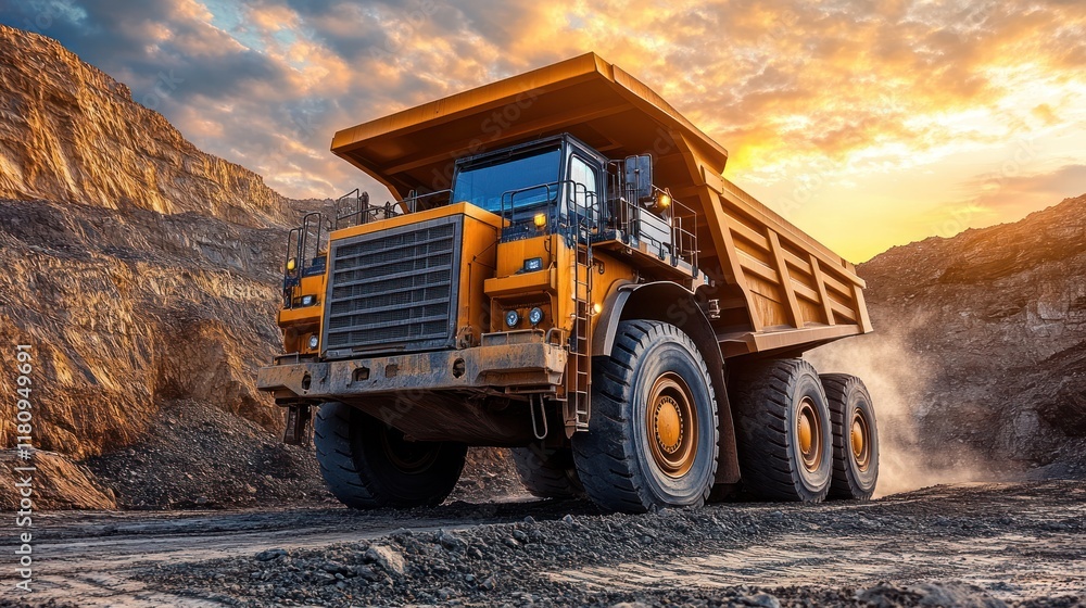Mining truck hauling ore, sunset quarry Mining truck hauling ore, sunset quarry