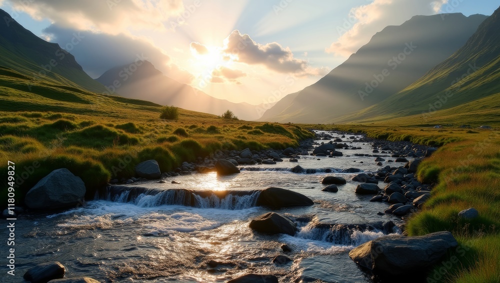 Fototapeta premium Serene Mountain River Sunset Landscape Scene