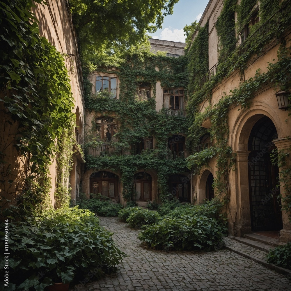 A quiet urban courtyard surrounded by ivy-covered buildings. A quiet urban courtyard surrounded by ivy-covered buildings.