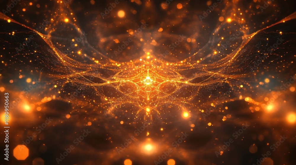 Obraz premium A mesmerizing abstract design featuring luminous golden particles and intricate patterns, evoking a sense of cosmic energy and depth.