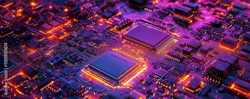 Futuristic abstract technology artwork showcasing intricate, glowing circuit patterns and electronic components in hyperrealistic detail on a digital circuit board photo