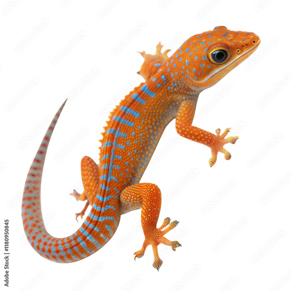 Naklejka premium Close-up of a lively gecko with bright orange and blue spots in its natural habitat, isolated on white or transparent background
