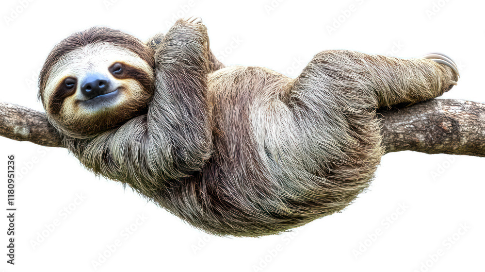 Naklejka premium Adorable Sloth Relaxing on a Tree Branch, Showcasing Its Unique Features and Gentle Expression in a Tropical Habitat Setting