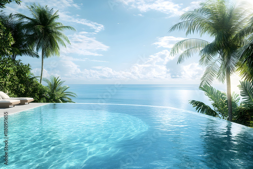Serene Tropical Infinity Pool with Panoramic Ocean Views Surrounded by Lush Greenery
