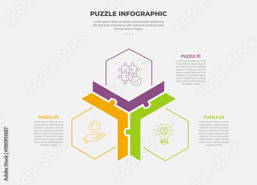 puzzle infographic outline style with 3 point template with hexagon shape on triangle shape structure connection for slide presentation