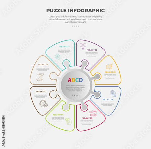 puzzle infographic outline style with 8 point template with round circle cycle circular on circle center for slide presentation