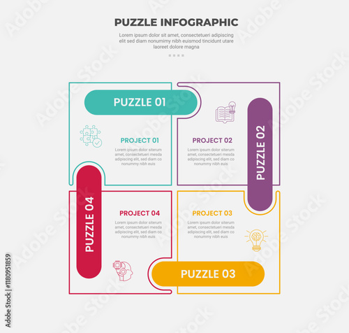 puzzle infographic outline style with 4 point template with square box matrix with round rectangle connection for slide presentation photo