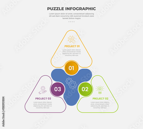puzzle infographic outline style with 3 point template with triangle structure with circle connection on center for slide presentation