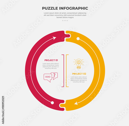 puzzle infographic outline style with 2 point template with big circle thick outline arrow circular direction for slide presentation