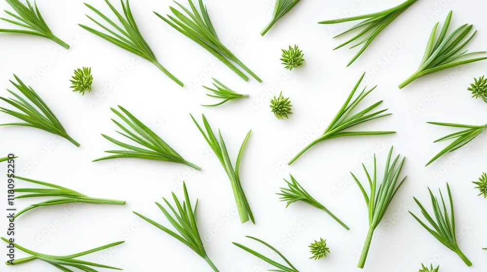 Green sprigs arranged on white background, flat lay, nature, design Green sprigs arranged on white background, flat lay, nature, design