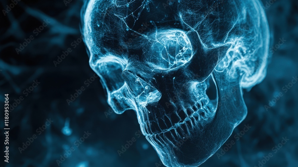 A glowing blue digital skull set against a dark, abstract background, emphasizing a blend of technology and anatomical design. A glowing blue digital skull set against a dark, abstract background, emphasizing a blend of technology and anatomical design.