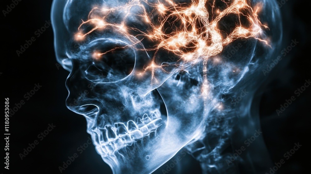 A luminous, digital representation of a human skull, showcasing neural connections and brain activity with vibrant lights against a dark background. A luminous, digital representation of a human skull, showcasing neural connections and brain activity with vibrant lights against a dark background.