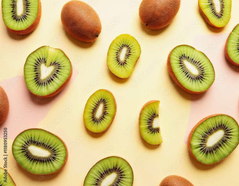 Fototapeta premium Fresh Kiwi Fruit Slices Pastel Background Minimalist Food Photography