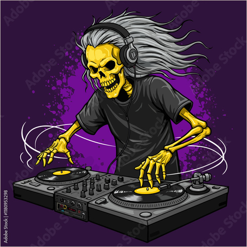 A stylized illustration of a skeleton DJ with long grey hair wearing headphones and mixing music on a turntable.