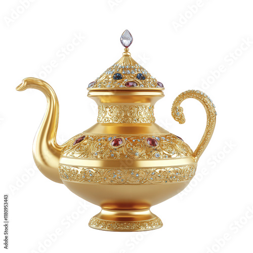 n ornate golden teapot adorned with intricate designs and colorful gemstones. showcasing craftsmanship and elegance its purpose is likely for decorative use or as a luxurious serving piece for tea photo